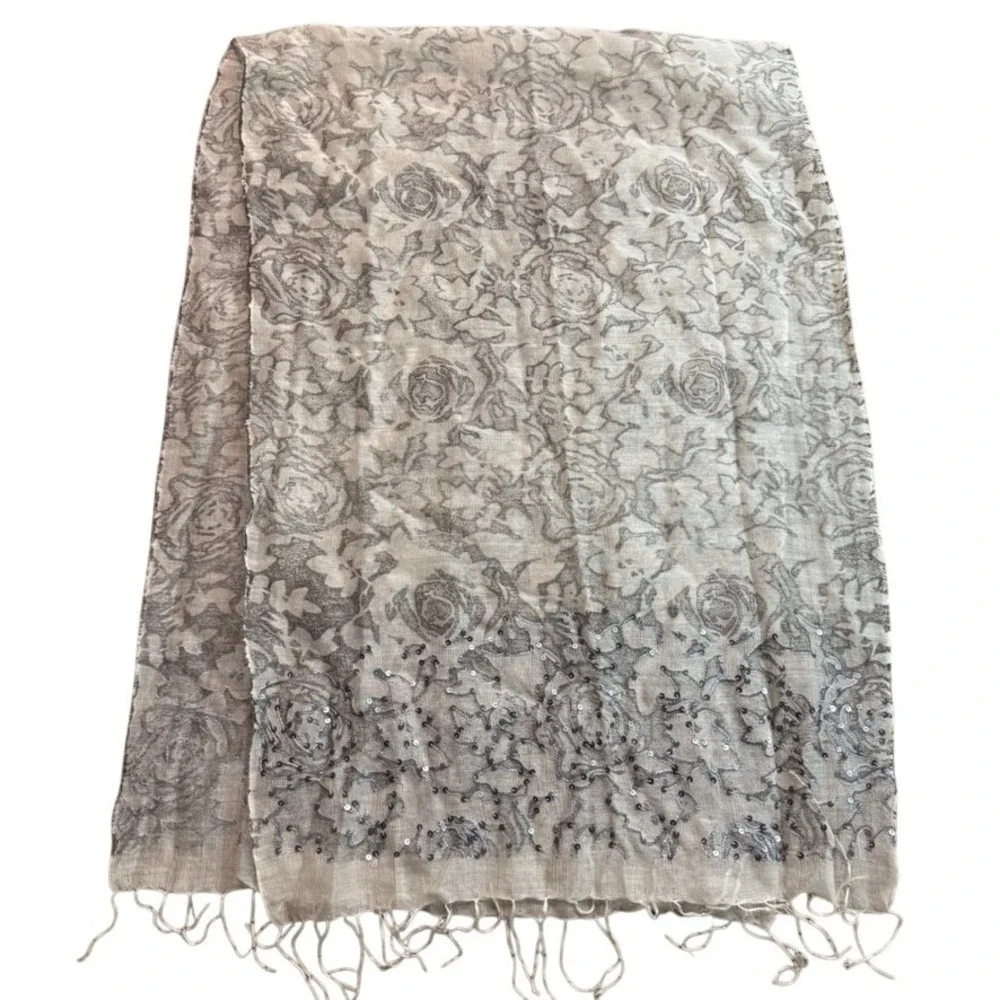 Gray Floral Sequin Scarf Lightweight Gauze Rose Print Fringe Wrap Shawl Neutral